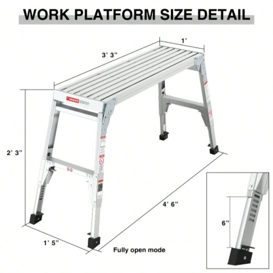 Aluminum Work Platform Large Size Step Stool Folding Portable Work 40 Width Telescopic Feet 22 - 27.5 Height Adjustable