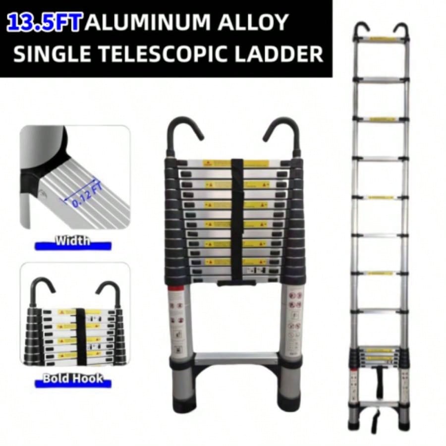 4.1 - meter telescopic ladder, aluminum telescopic ladder, non slip feet, maximum capacity of 300 pounds, foldable ladder with hooks, suitable RV or outdoor work
