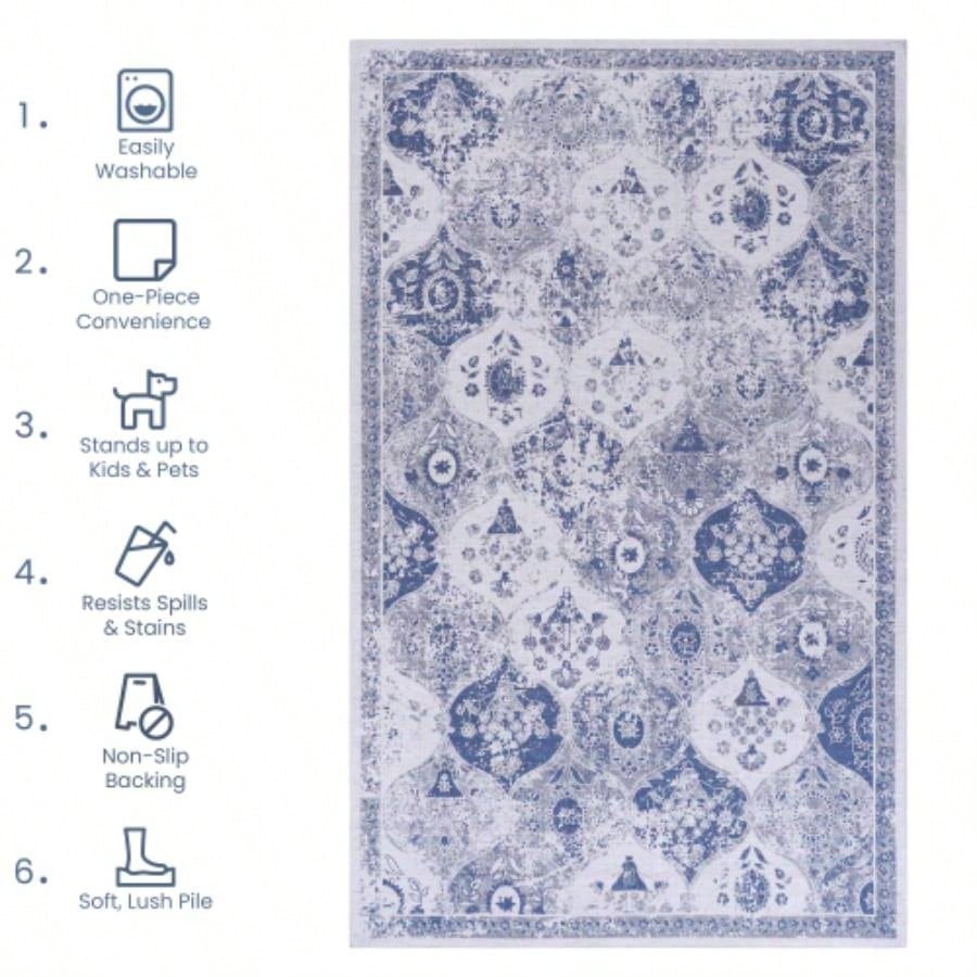 NAAR MAVAL Blue Washable Rug 5x8 Area Rug Blue, 5x 8