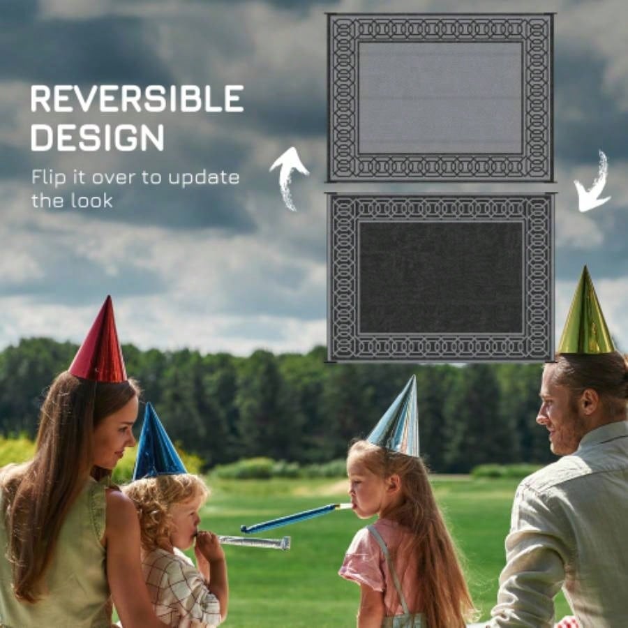 Outsunny Reversible Outdoor Rug, 9x 12 Waterproof Plastic Straw Floor, Portable RV Camping Carpet, Large Floor Backyard, Deck, Picnic, Beach, Black Gray Border