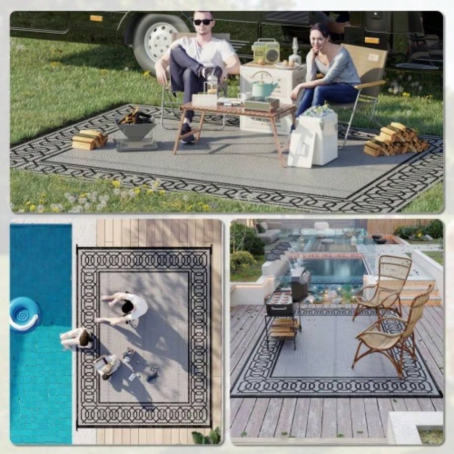 Outsunny Reversible Outdoor Rug, 9x 12 Waterproof Plastic Straw Floor, Portable RV Camping Carpet, Large Floor Backyard, Deck, Picnic, Beach, Black Gray Border