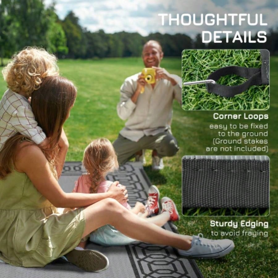 Outsunny Reversible Outdoor Rug, 9x 12 Waterproof Plastic Straw Floor, Portable RV Camping Carpet, Large Floor Backyard, Deck, Picnic, Beach, Black Gray Border