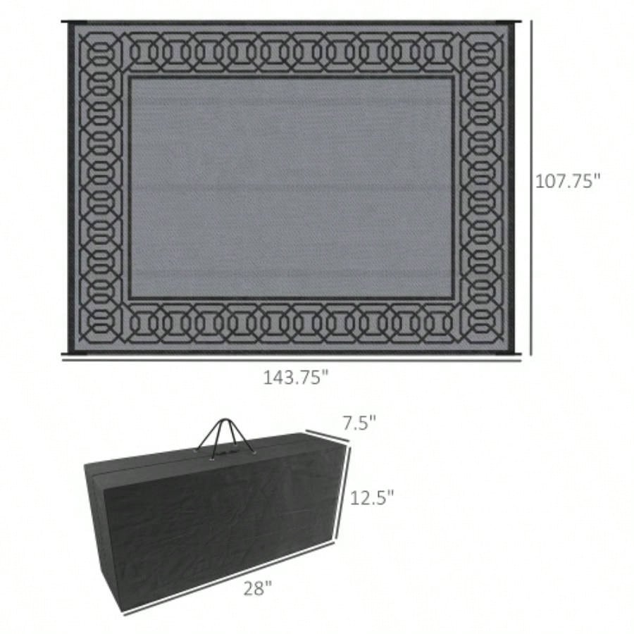 Outsunny Reversible Outdoor Rug, 9x 12 Waterproof Plastic Straw Floor, Portable RV Camping Carpet, Large Floor Backyard, Deck, Picnic, Beach, Black Gray Border