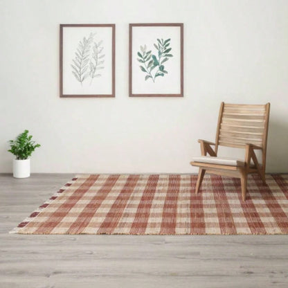 Artisan Hand Woven Jute Cotton Brown Plaid Rug - 5X7 ft