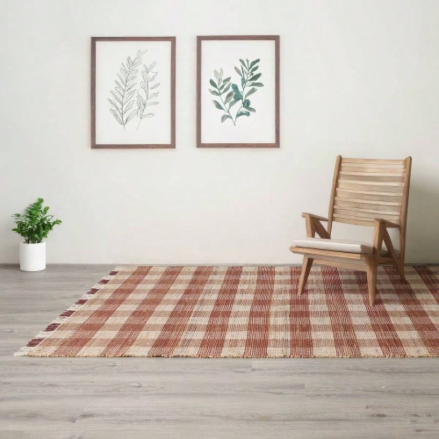 Artisan Hand Woven Jute Cotton Brown Plaid Rug - 5X7 ft