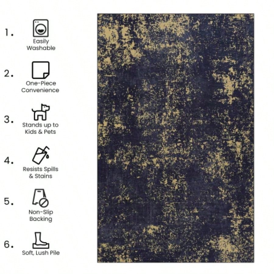 NAAR MAVAL Black Washable Rug 5x8 Area Rug Black+Gold, 5x 8