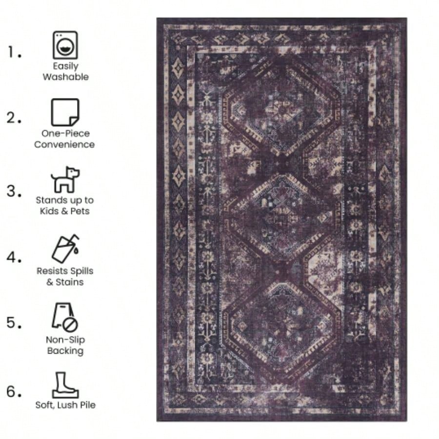 NAAR MAVAL Black Washable Rug 5x8 Area Rug Black+Burgundy, 5x 8