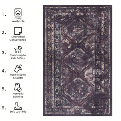 NAAR MAVAL Black Washable Rug 5x8 Area Rug Black+Burgundy, 5x 8