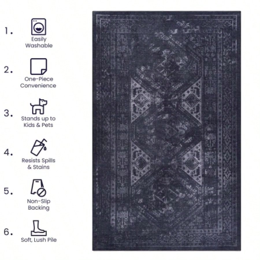 NAAR MAVAL Black Washable Rug 5x8 Area Rug Black+Gray, 5x 8
