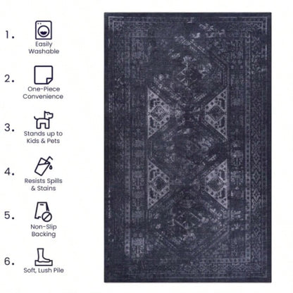 NAAR MAVAL Black Washable Rug 5x8 Area Rug Black+Gray, 5x 8
