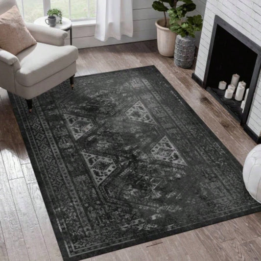 LOOM LUXE Area Rugs 8x10 Living Room, Washable Rug, Low - Pile, Non - Slip, Non - Shedding, Foldable, Kid Pet Friendly - Area Rugs living room, bedroom, kitchen Black/Gray, 8x 10