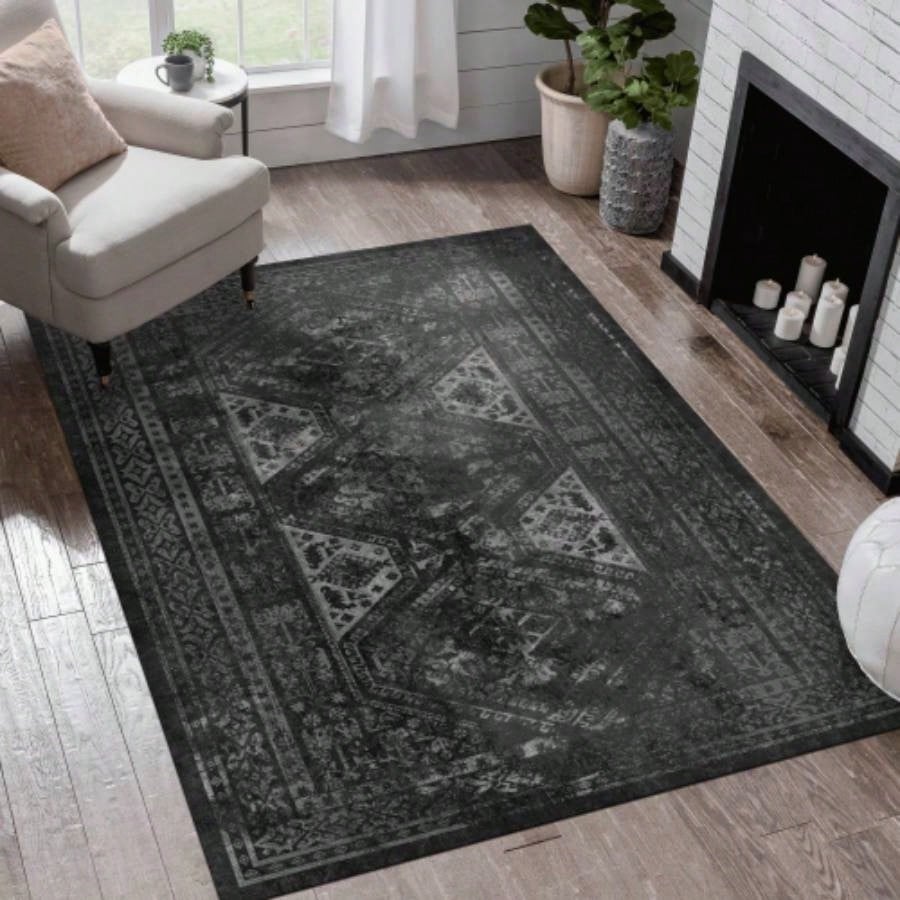 LOOM LUXE Area Rugs 8x10 Living Room, Washable Rug, Low - Pile, Non - Slip, Non - Shedding, Foldable, Kid Pet Friendly - Area Rugs living room, bedroom, kitchen Black/Gray, 8x 10