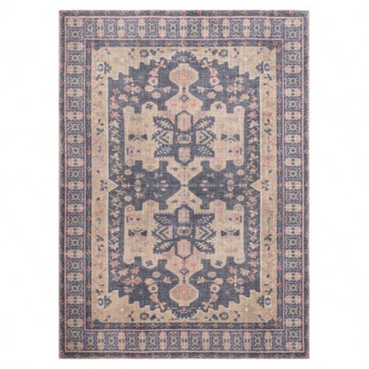 Traditional, Transitional, Medallion, Border, Distressed Textured Cut and Loop Pile 6x 10 Rectangle Area Rug