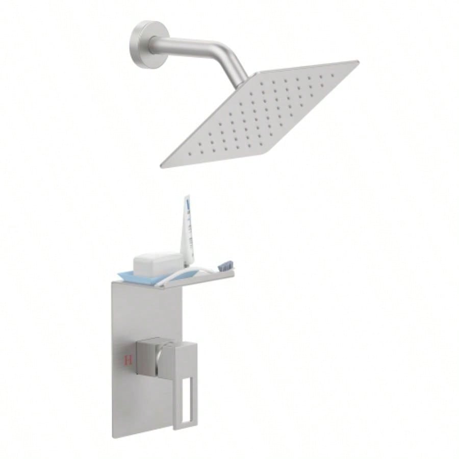 Shower Faucet With Storage Rack 8 - inch Rain Shower Shower decoration kit with single spray shower Shower Faucet Set Complete Brushed Nickel