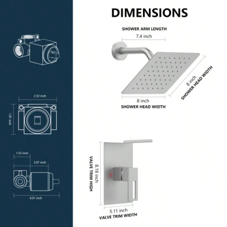 Shower Faucet With Storage Rack 8 - inch Rain Shower Shower decoration kit with single spray shower Shower Faucet Set Complete Brushed Nickel