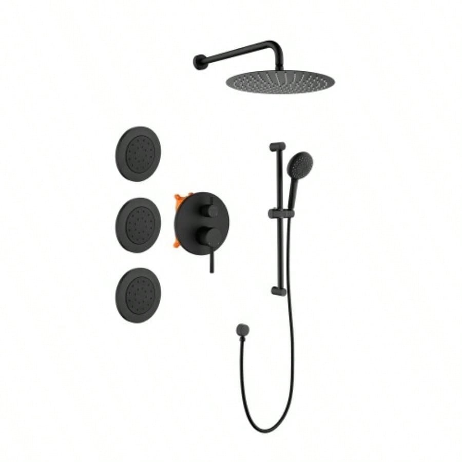 Shower System with Shower, Hand Shower, Slide Bar, Bodysprays, Shower Arm, Hose, Trim, and Lever Handles