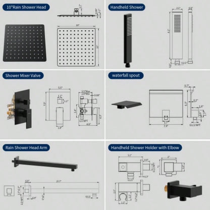 Male NPT Shower Faucet Set, Waterfall Shower System Bathroom, High Pressure 10 Rain Shower and Handheld Shower Spray, Wall Mount Tub Faucet Shower with Trim and Diverter, Matte Black