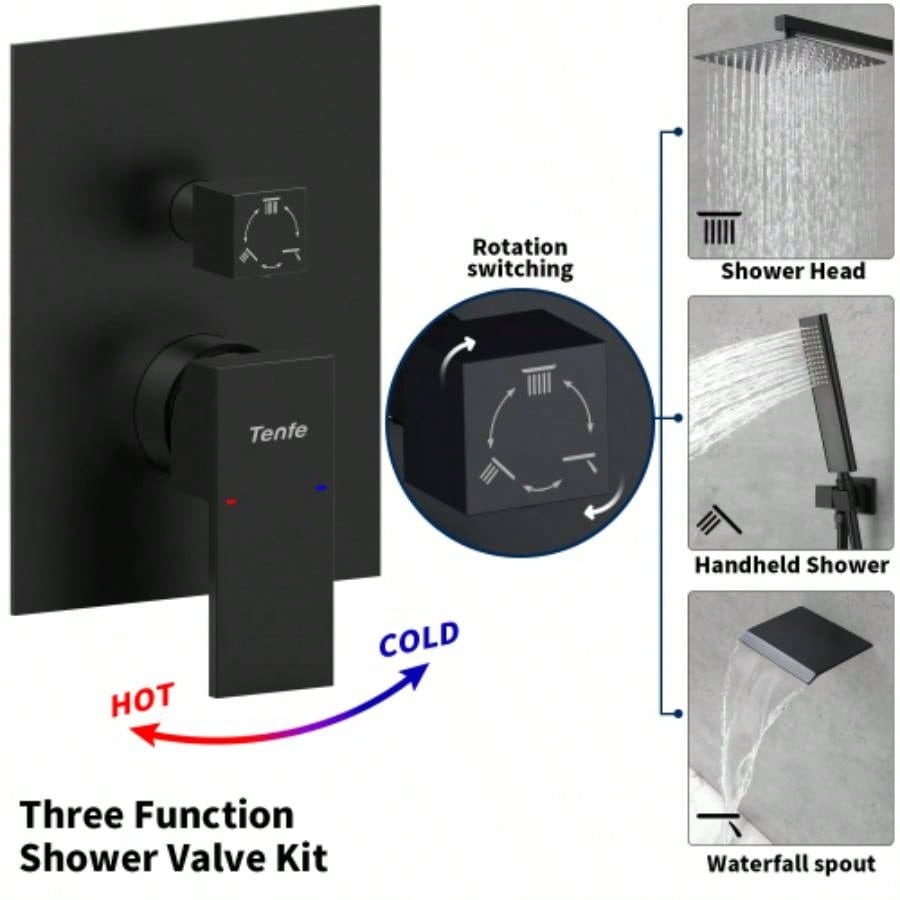 Male NPT Shower Faucet Set, Waterfall Shower System Bathroom, High Pressure 10 Rain Shower and Handheld Shower Spray, Wall Mount Tub Faucet Shower with Trim and Diverter, Matte Black