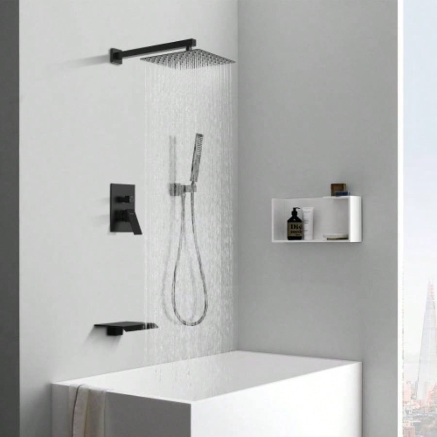 Male NPT Shower Faucet Set, Waterfall Shower System Bathroom, High Pressure 10 Rain Shower and Handheld Shower Spray, Wall Mount Tub Faucet Shower with Trim and Diverter, Matte Black