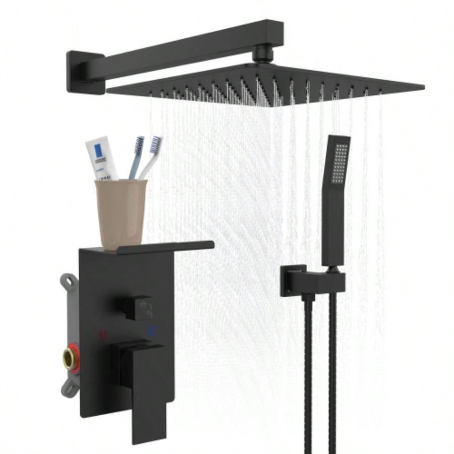 Rainfall Shower System With Storage Rack 10 inch Shower Faucet Set Matte Black with High Pressure with Square Shower Luxury Shower Set Wall Mount