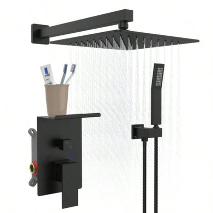Rainfall Shower System With Storage Rack 10 inch Shower Faucet Set Matte Black with High Pressure with Square Shower Luxury Shower Set Wall Mount