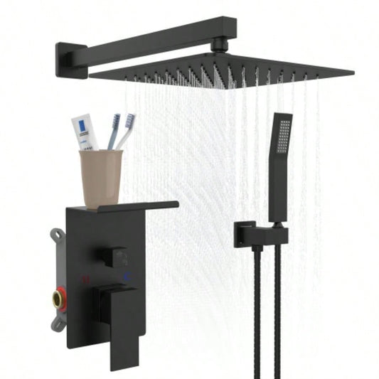 Rainfall Shower System With Storage Rack 10 inch Shower Faucet Set Matte Black with High Pressure with Square Shower Luxury Shower Set Wall Mount
