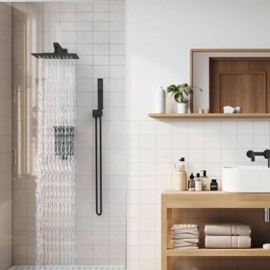 Rainfall Shower System With Storage Rack 10 inch Shower Faucet Set Matte Black with High Pressure with Square Shower Luxury Shower Set Wall Mount