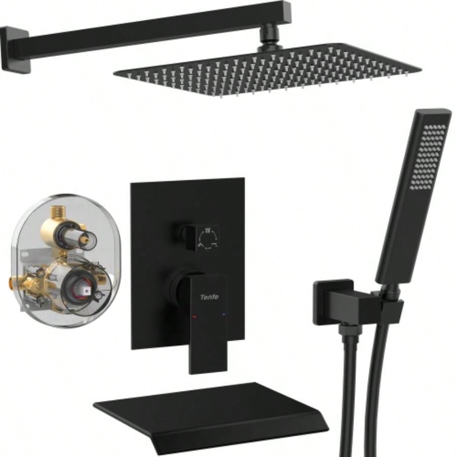 Male NPT Shower Faucet Set, Waterfall Shower System Bathroom, High Pressure 10 Rain Shower and Handheld Shower Spray, Wall Mount Tub Faucet Shower with Trim and Diverter, Matte Black