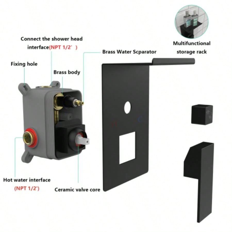 Rainfall Shower System With Storage Rack 10 inch Shower Faucet Set Matte Black with High Pressure with Square Shower Luxury Shower Set Wall Mount