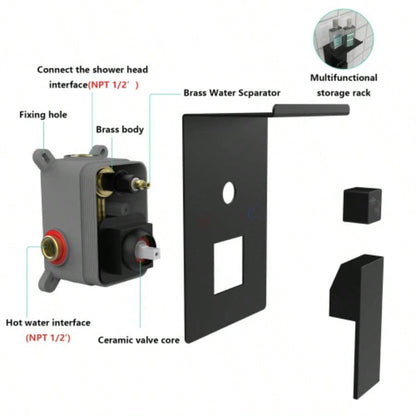 Rainfall Shower System With Storage Rack 10 inch Shower Faucet Set Matte Black with High Pressure with Square Shower Luxury Shower Set Wall Mount