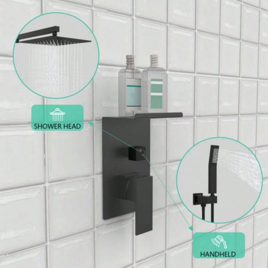 Rainfall Shower System With Storage Rack 10 inch Shower Faucet Set Matte Black with High Pressure with Square Shower Luxury Shower Set Wall Mount