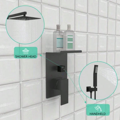 Rainfall Shower System With Storage Rack 10 inch Shower Faucet Set Matte Black with High Pressure with Square Shower Luxury Shower Set Wall Mount