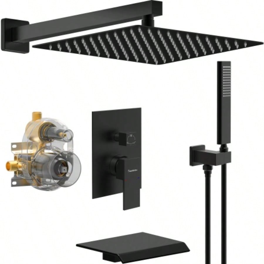 Male NPT Shower Faucet Set, Waterfall Shower System Bathroom, High Pressure 10 Rain Shower and Handheld Shower Spray, Wall Mount Tub Faucet Shower with Trim and Diverter, Matte Black