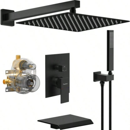 Male NPT Shower Faucet Set, Waterfall Shower System Bathroom, High Pressure 10 Rain Shower and Handheld Shower Spray, Wall Mount Tub Faucet Shower with Trim and Diverter, Matte Black