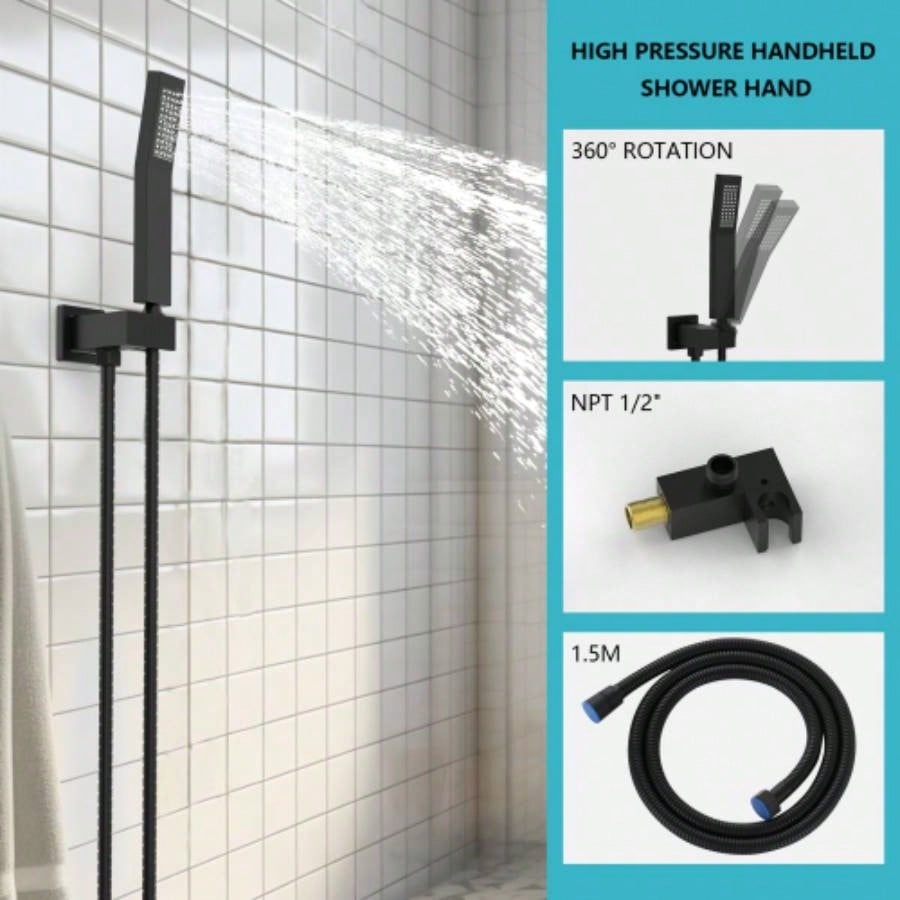 Rainfall Shower System With Storage Rack 10 inch Shower Faucet Set Matte Black with High Pressure with Square Shower Luxury Shower Set Wall Mount