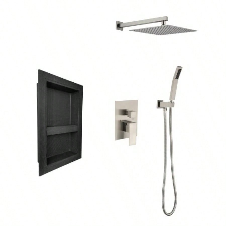 Shower System with rain shower, hand shower, control, shower bracket, hose and niche