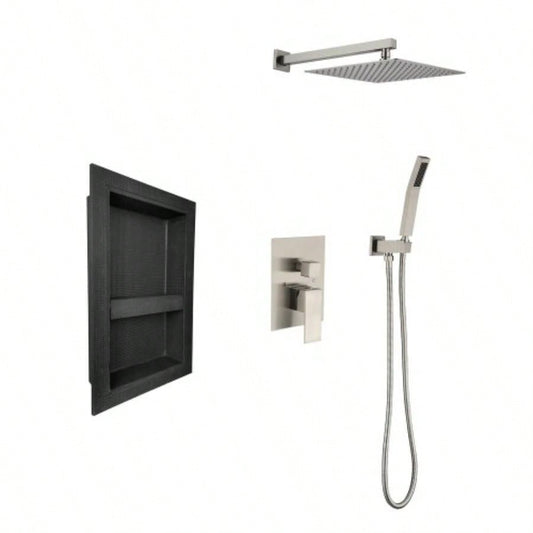 Shower System with rain shower, hand shower, control, shower bracket, hose and niche