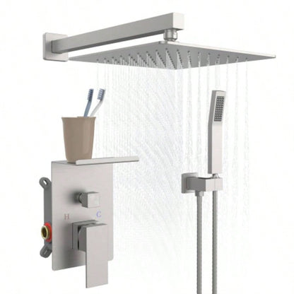 Rainfall Shower System With Storage Rack 10 inch Shower Faucet Set Brushed Nickel with High Pressure with Square Shower Luxury Shower Set Wall Mount