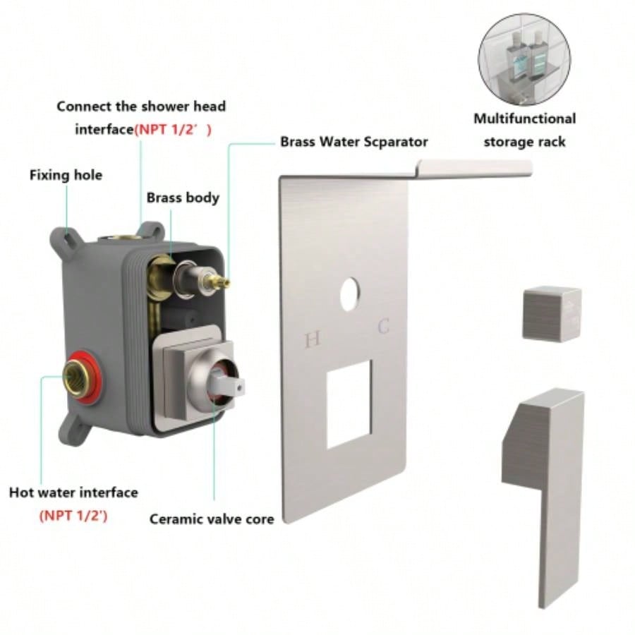 Rainfall Shower System With Storage Rack 10 inch Shower Faucet Set Brushed Nickel with High Pressure with Square Shower Luxury Shower Set Wall Mount