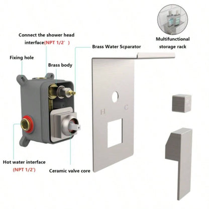 Rainfall Shower System With Storage Rack 10 inch Shower Faucet Set Brushed Nickel with High Pressure with Square Shower Luxury Shower Set Wall Mount