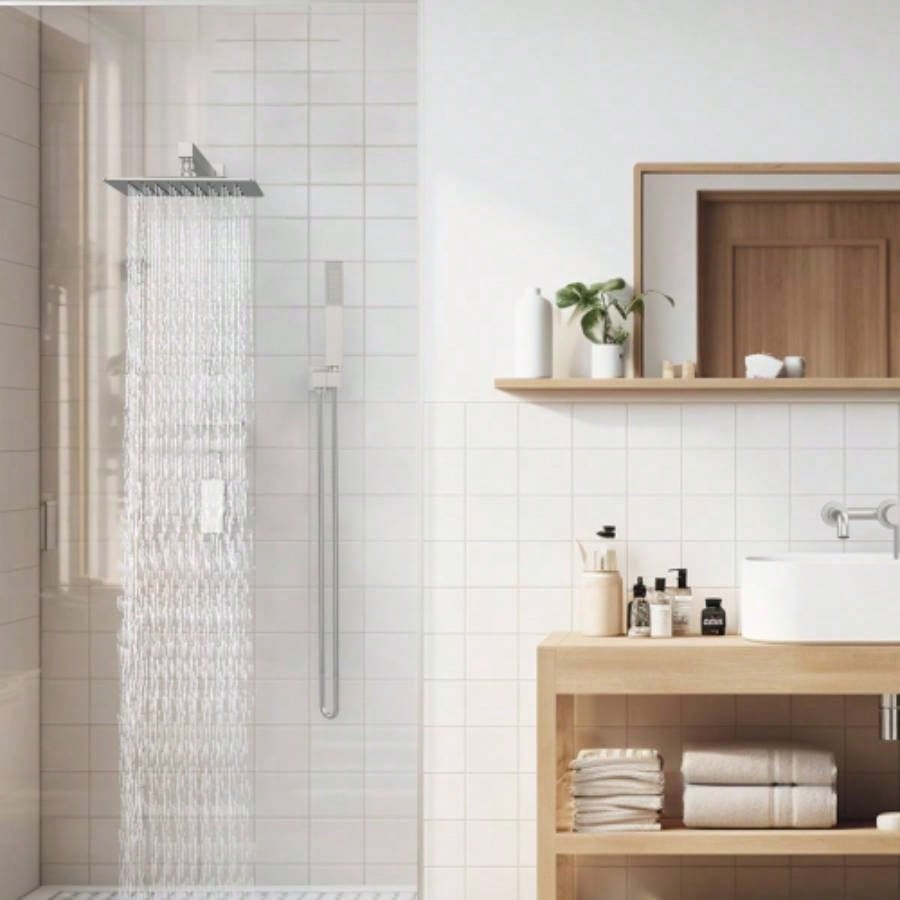 Rainfall Shower System With Storage Rack 10 inch Shower Faucet Set Brushed Nickel with High Pressure with Square Shower Luxury Shower Set Wall Mount