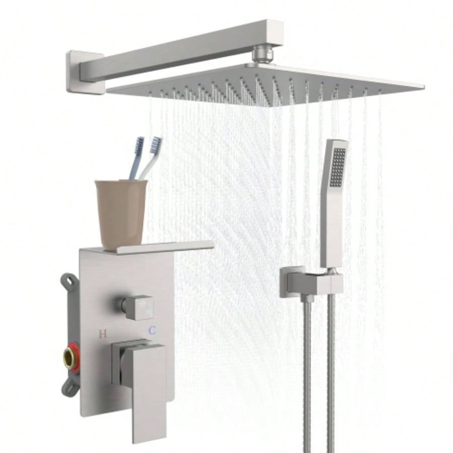 Rainfall Shower System With Storage Rack 10 inch Shower Faucet Set Brushed Nickel with High Pressure with Square Shower Luxury Shower Set Wall Mount