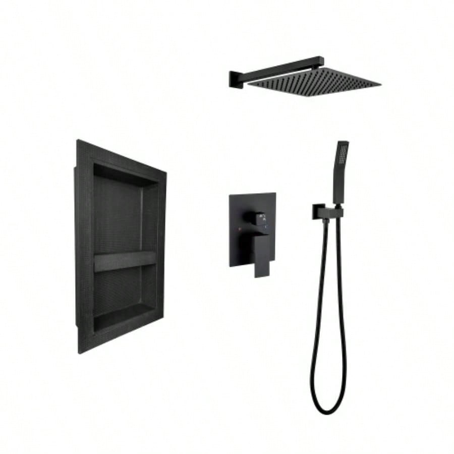 Shower System with rain shower, hand shower, control, shower bracket, hose and niche