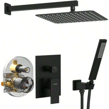 Male NPT Matte Black Shower System, Shower Faucet Set Bathroom Shower Fixtures with 12 Inch Rain Shower and Handheld Pressure Balance Shower Trim Kit Included