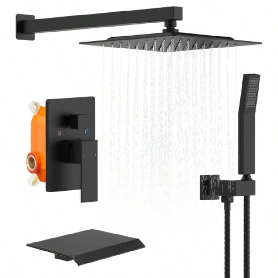 Rain Shower System Brushed Nickel Tub Shower Faucet Set 10 Inch Square Rainfall Shower with Handheld Sprayer and Waterfall Tub Spout Pressure Balance Rough - in Shower Mixer Combo