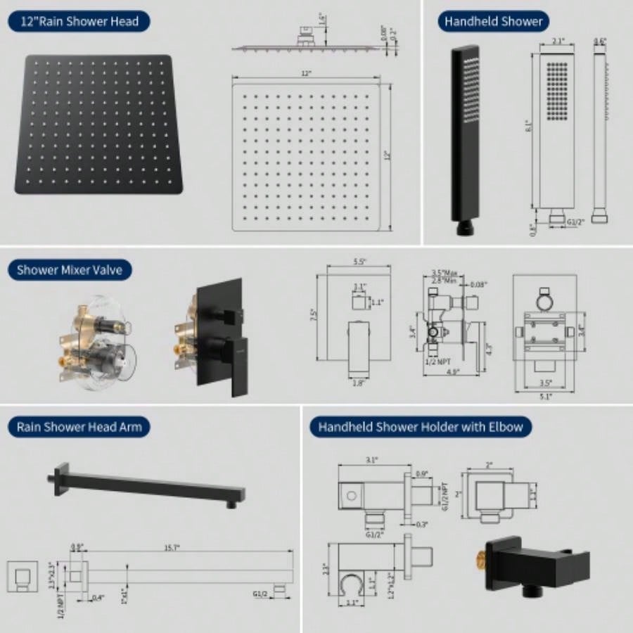 Male NPT Matte Black Shower System, Shower Faucet Set Bathroom Shower Fixtures with 12 Inch Rain Shower and Handheld Pressure Balance Shower Trim Kit Included