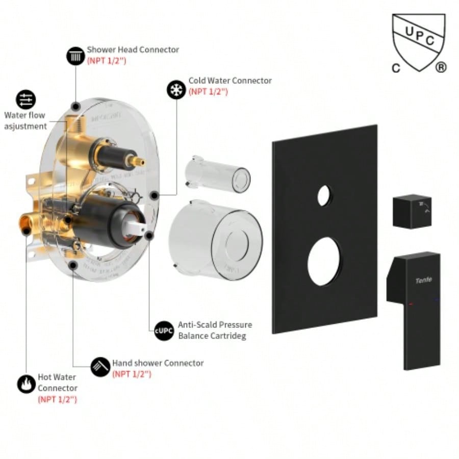 Male NPT Matte Black Shower System, Shower Faucet Set Bathroom Shower Fixtures with 12 Inch Rain Shower and Handheld Pressure Balance Shower Trim Kit Included