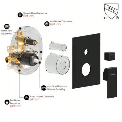 Male NPT Matte Black Shower System, Shower Faucet Set Bathroom Shower Fixtures with 12 Inch Rain Shower and Handheld Pressure Balance Shower Trim Kit Included