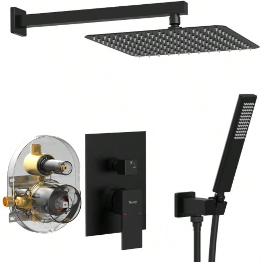 Male NPT Matte Black Shower System, Shower Faucet Set Bathroom Shower Fixtures with 12 Inch Rain Shower and Handheld Pressure Balance Shower Trim Kit Included