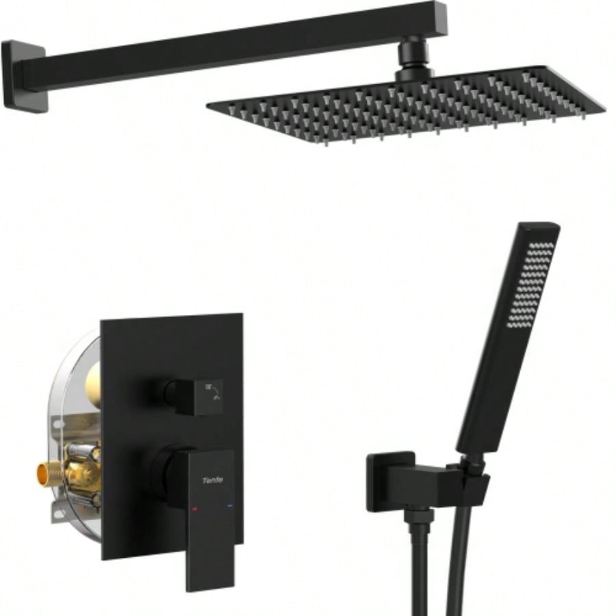Male NPT Matte Black Shower System, Shower Faucet Set Bathroom Shower Fixtures with 12 Inch Rain Shower and Handheld Pressure Balance Shower Trim Kit Included